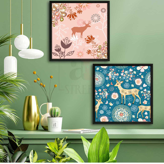 Set of 2 Blue & Peach Forest Theme Framed Canvas Painting for Home Décor and Living Room Decoration (Size - 13 x 13 Inchs)