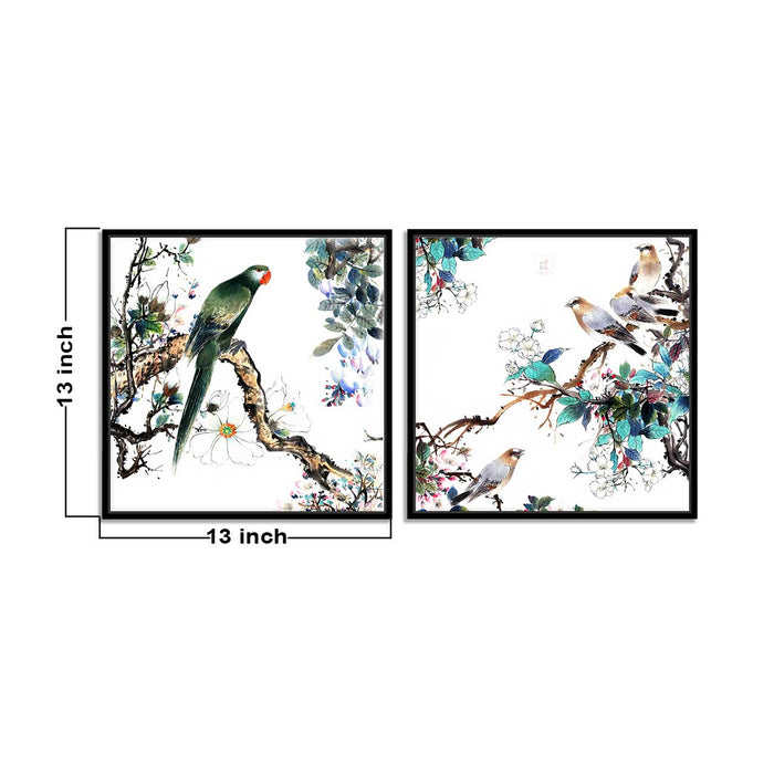 Set of 2 Birds on the Branch Canvas Painting for Home Decor Framed Paintings for Wall and Living Room Decoration (Size - 13 x 13 Inchs)