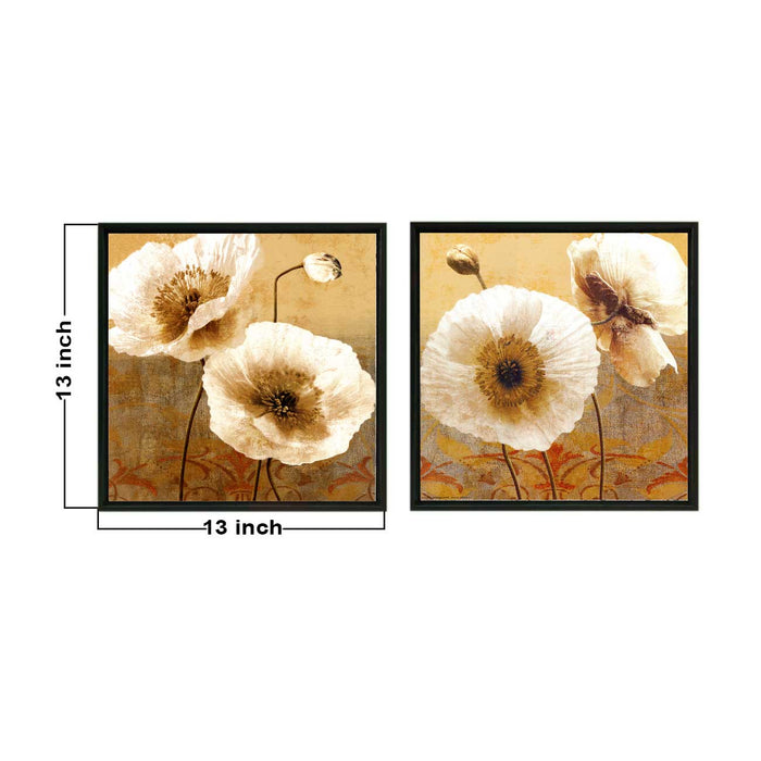 Set of 2 White Poppy Flowers Canvas Painting for Home Decor Framed Paintings for Wall and Living Room Decoration (Size - 13 x 13 Inchs)