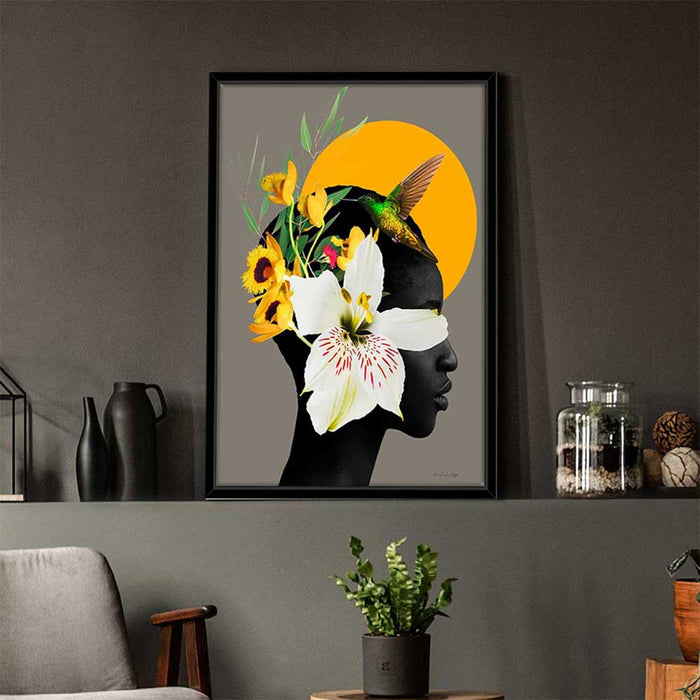 Marigold Yellow Girl With Flower Bouquet Framed Canvas Print For Home Décor (Size - 17x23 Inch)