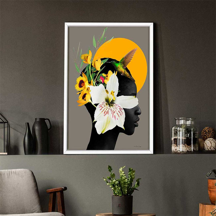 Marigold Yellow Girl With Flower Bouquet Framed Canvas Print For Home Décor (Size - 17x23 Inch)