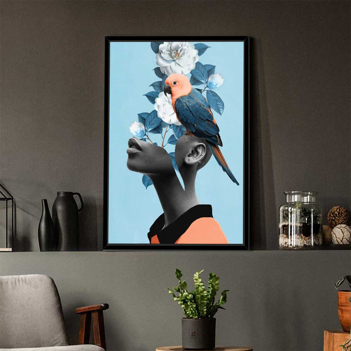 Blue Bell Girl With Flower Bouquet Framed Canvas Print For Home Decoration