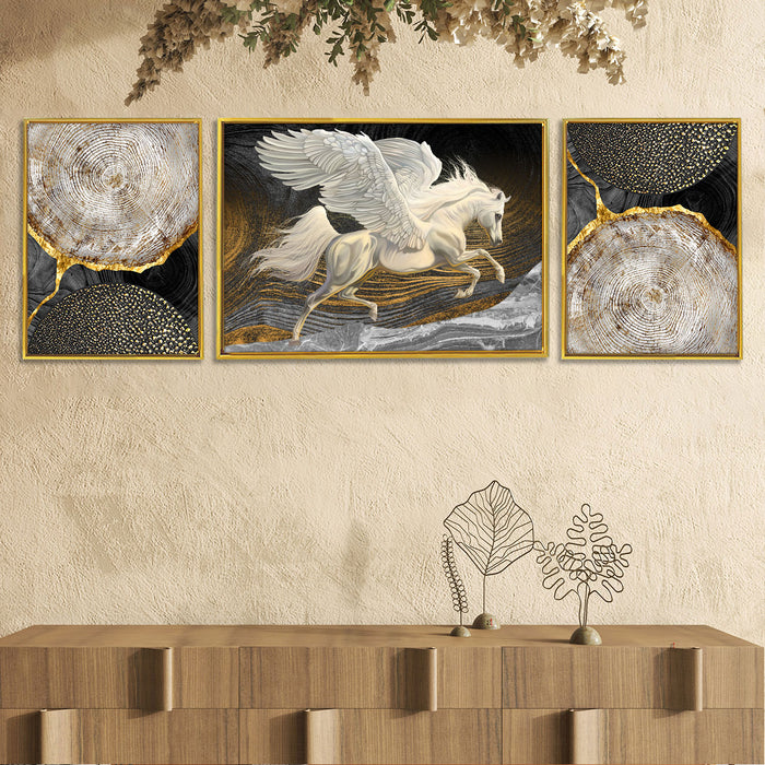 Abstract Flying White Horse, Set of 3 Canvas Painting For Home & Wall Décor ( Sizes 23 x 17, 13x17 inches)