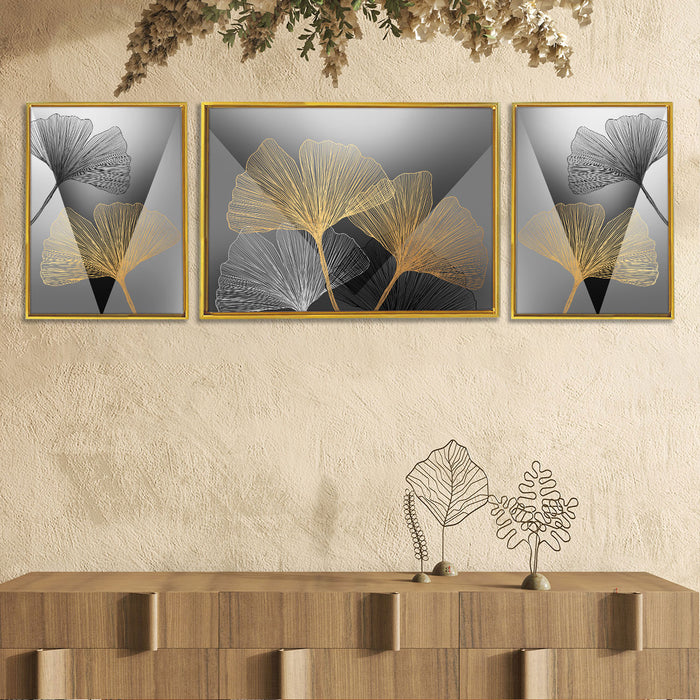 Abstract Gingko leaves Canvas Set of 3 Painting For Home Décor ( Sizes 23 x 17, 13x17 )