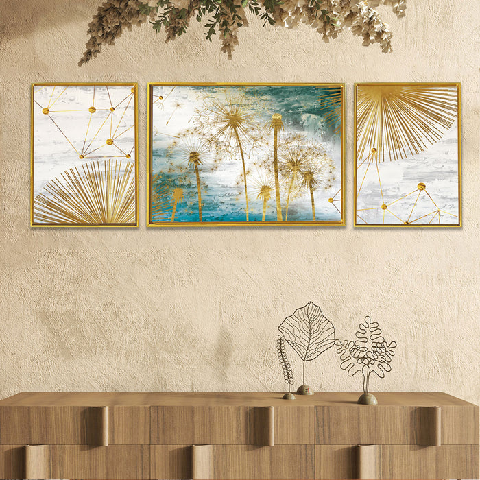 Abstract Golden Dandelions Canvas Set of 3 Art Print Painting For Home Décor ( Sizes 23 x 17, 13x17 )