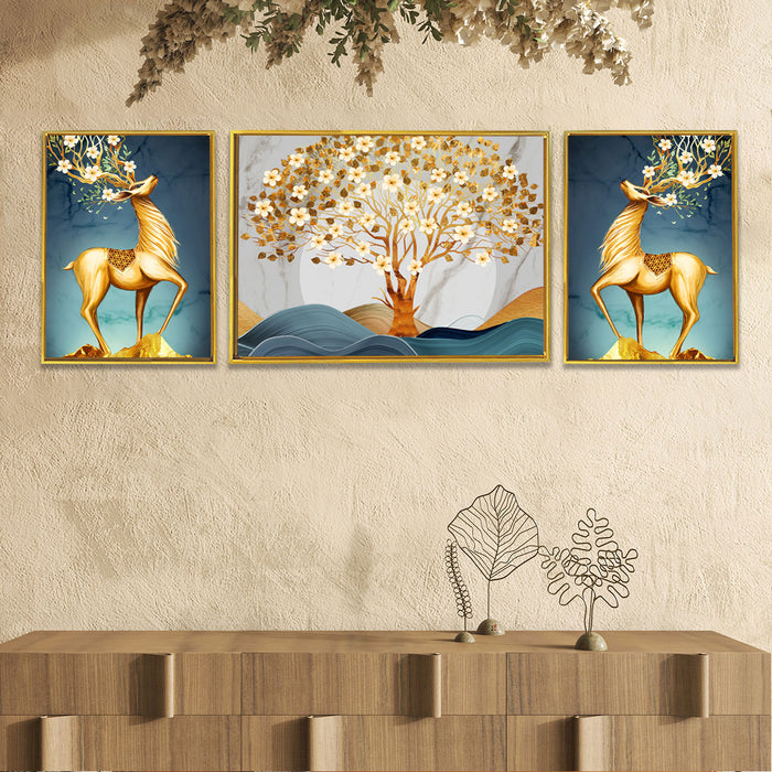Artsy Deer White Auspicious Tree 3 Canvas set Art Print Painting for Home Décor