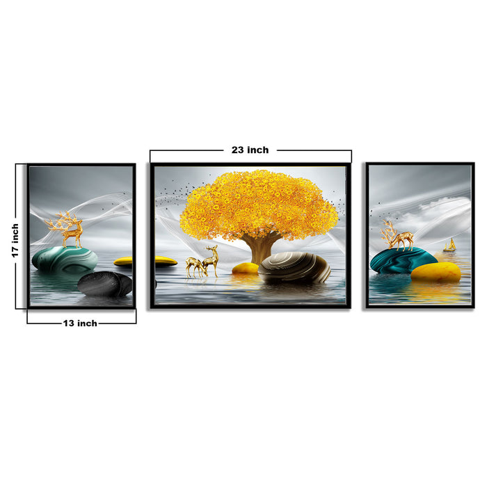 Artsy Deer Golden tree  3 Canvas set Art Print Painting For Home Décor