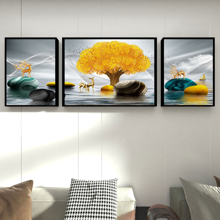 Artsy Deer Golden tree  3 Canvas set Art Print Painting For Home Décor
