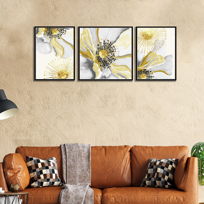 Artsy Cotton Flower Golden 3 Canvas set Art Print Painting For Home Décor