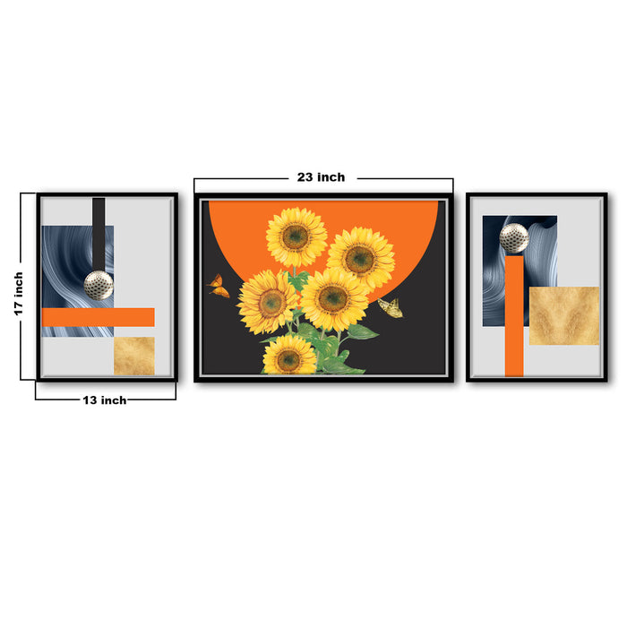 Abstract Sunflower Set of 3 Canvas Painting For Home Décor ( Sizes 23 x 17, 13x17 )
