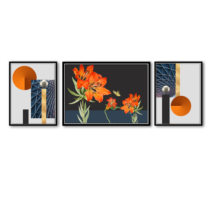Artsy Orange Lily Floral Set of 3 Canvas Painting For Home Décor