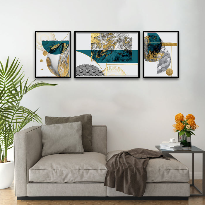 Artsy Blue & Gold Abstract Set of 3 Canvas Painting For Home Décor