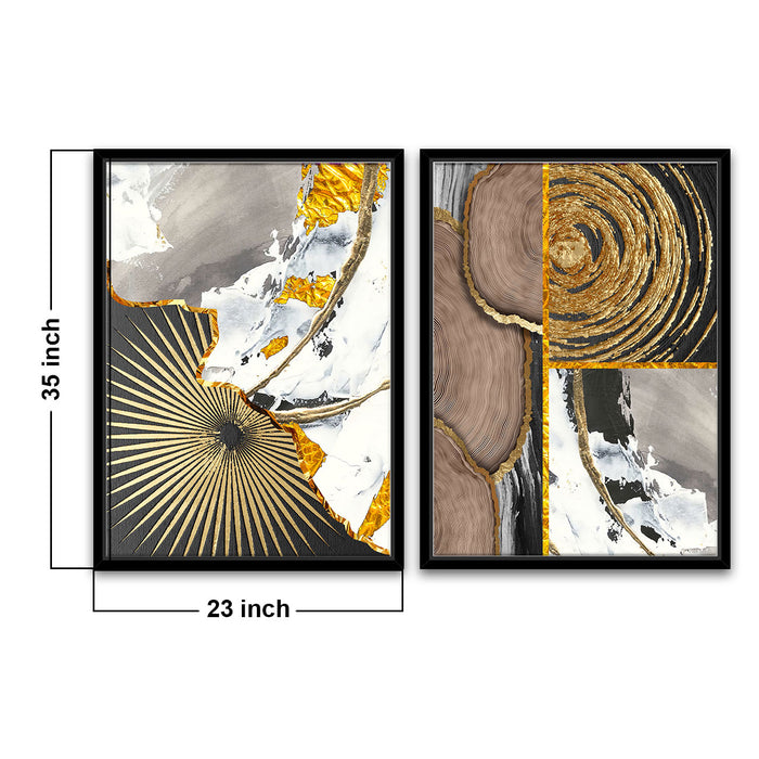 Abstract Golden Tree Rings Fine Art Set of 2 Canvas Prints Contemporary Pictures For Home Interior Decor ( Size 23X35 Inch )