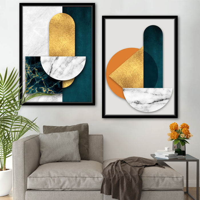 Modern Abstract Geometric Shapes Set of 2 Canvas Painting Wall Art Prints Golden Blue for Home & Wall Décor