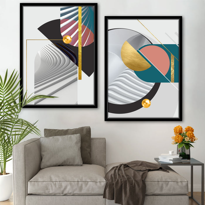 Simply soulful Geometrical Set of 2 Canvas Painting  Framed for Home & Wall Décor