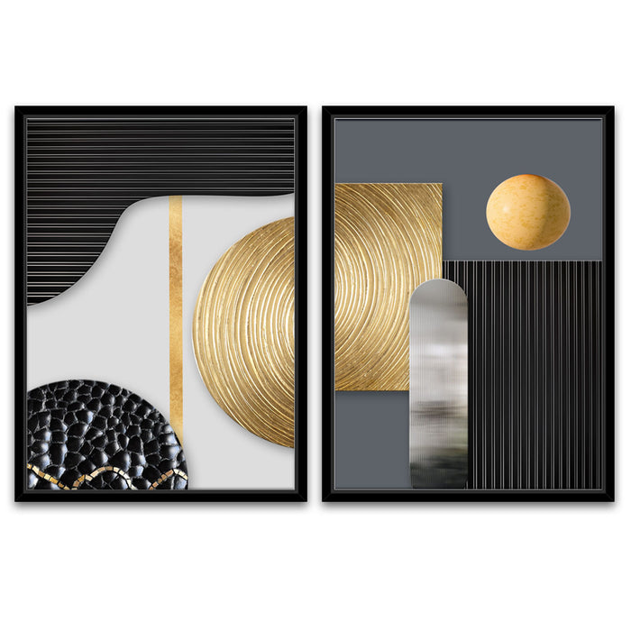Abstract Retro Black Gold Tree Ring Radial Lines Set of 2 Canvas Painting  For Home & Wall Décor ( Size 35"x47" )