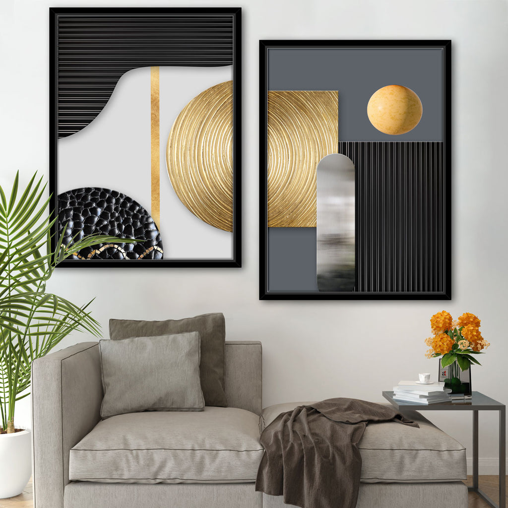 Abstract Retro Black Gold Tree Ring Radial Lines Set of 2 Canvas