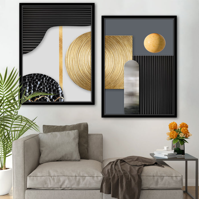 Abstract Retro Black Gold Tree Ring Radial Lines Set of 2 Canvas Painting  For Home & Wall Décor ( Size 35"x47" )