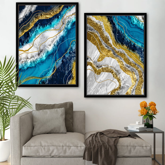 Abstract Deep Sea Blue & Golden Marble Print For Home & Wall Décor ( Size 23" x 35" )