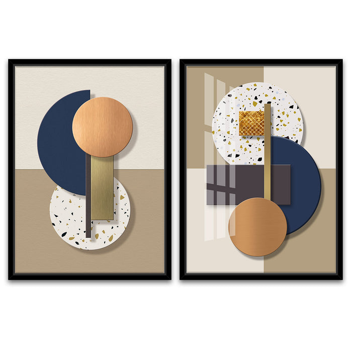 Abstract Fine Art Prints Minimalist Geometrics Blue Orange Beige Terrazzo Pictures For Home & Wall Décor ( Size 35"x47" )
