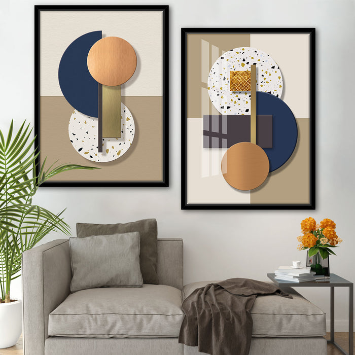 Abstract Fine Art Prints Minimalist Geometrics Blue Orange Beige Terrazzo Pictures For Home & Wall Décor ( Size 35"x47" )