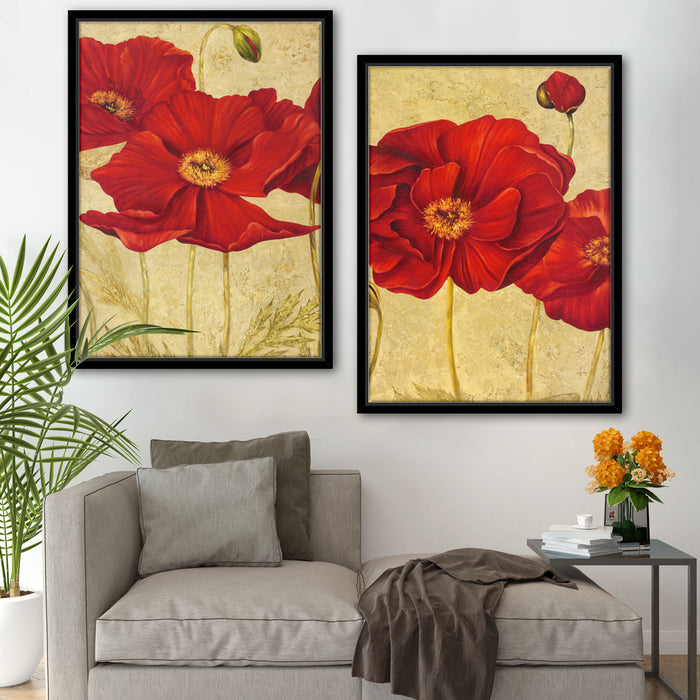 Retro Poppy Wall Art Set of 2 Canvas Painting For Home Décor & Wall Décor