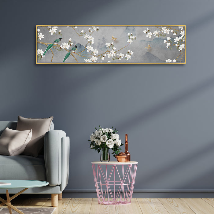 White Floral Love Bird Nature Canvas Painting Wall Art Print, Decorative Modern Framed Luxury Paintings for Home, Living room, Bed room and Office Décor (Grey, 13x47 Inch)
