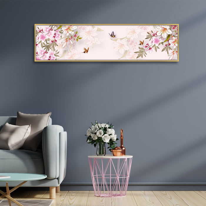 Pink Lilly, Floral Canvas Painting Wall Art Print, Decorative Modern Framed Luxury Paintings for Home, Living room, Bed room and Office Décor (White, 13x47 Inch)