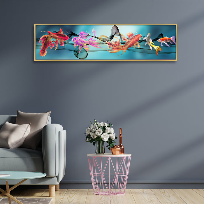 Auspicious Five Fish Canvas Painting, Decorative Modern Framed Luxury Paintings for Home & Office Décor (Blue, 13x47 Inch)