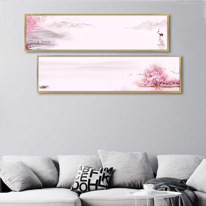 Heron in the Pink Lake Japan Cherry Blossom Canvas Painting Wall Art Print, Decorative Luxury Paintings for Home, Living room and Office Décor (White, Set of 2, 27x47 Inch)