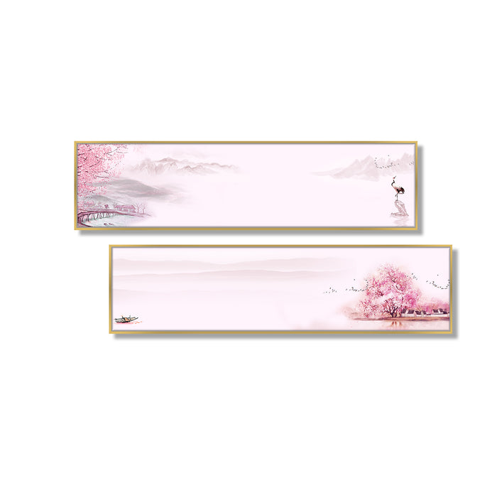 Heron in the Pink Lake Japan Cherry Blossom Canvas Painting Wall Art Print, Decorative Luxury Paintings for Home, Living room and Office Décor (White, Set of 2, 27x47 Inch)