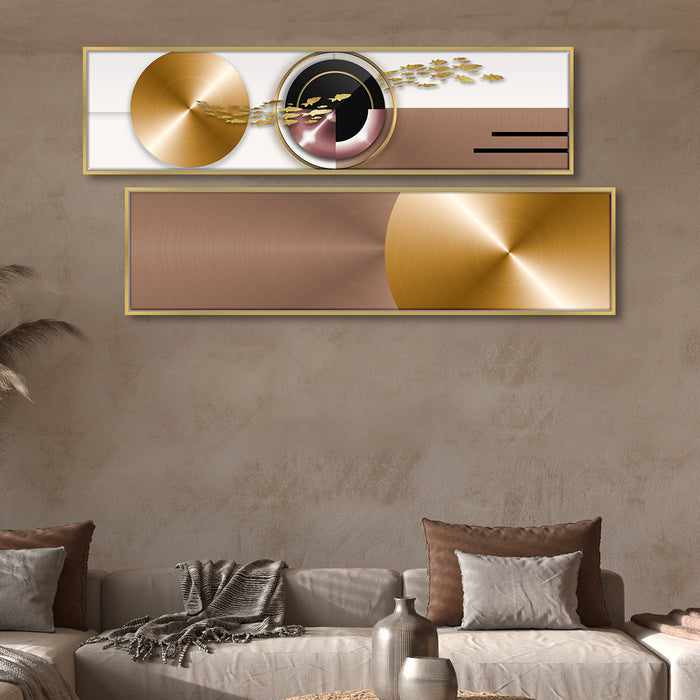 Vintage Music clips with Fish Abstract Canvas Painting Wall Art Print, Decorative Luxury Paintings for Home, Living room and Office Décor (Golden & Brown, Set of 2, 13x47 Inch)