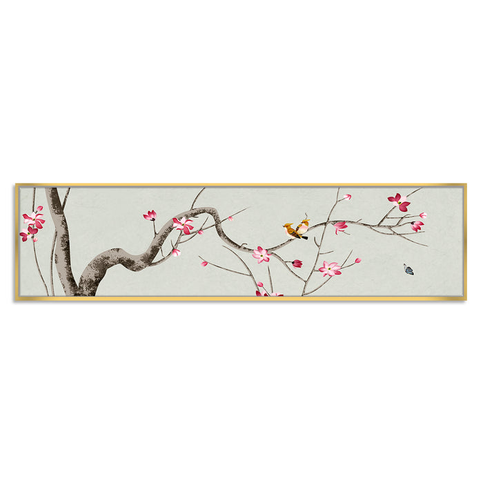 Bird on Branch Pink Floral Canvas Painting Wall Art Print, Decorative Modern Framed Luxury Paintings for Home & Office Décor (White, 13x47 Inch)