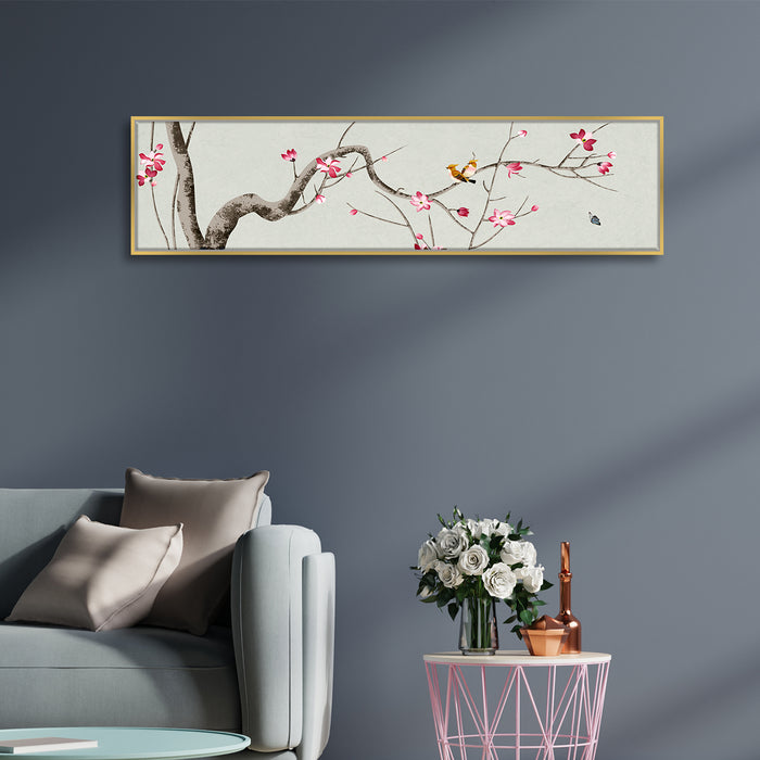 Bird on Branch Pink Floral Canvas Painting Wall Art Print, Decorative Modern Framed Luxury Paintings for Home & Office Décor (White, 13x47 Inch)