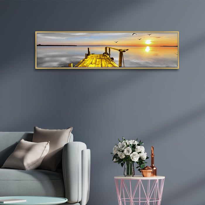 Landscape by the Peir Sun rise on Water Canvas Painting Wall Art Print, Decorative Luxury Paintings for Home, Living room and Office Décor (Multi, 13x47 Inch)