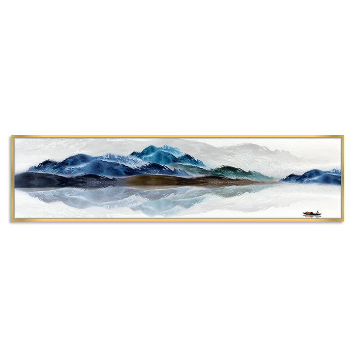 Scenic Blue Mountain & Lake Canvas Wall Art Print, Decorative Modern Framed Luxury Paintings for Home, Living room, Bed room and Office Décor (Blue, 13x47 Inch)