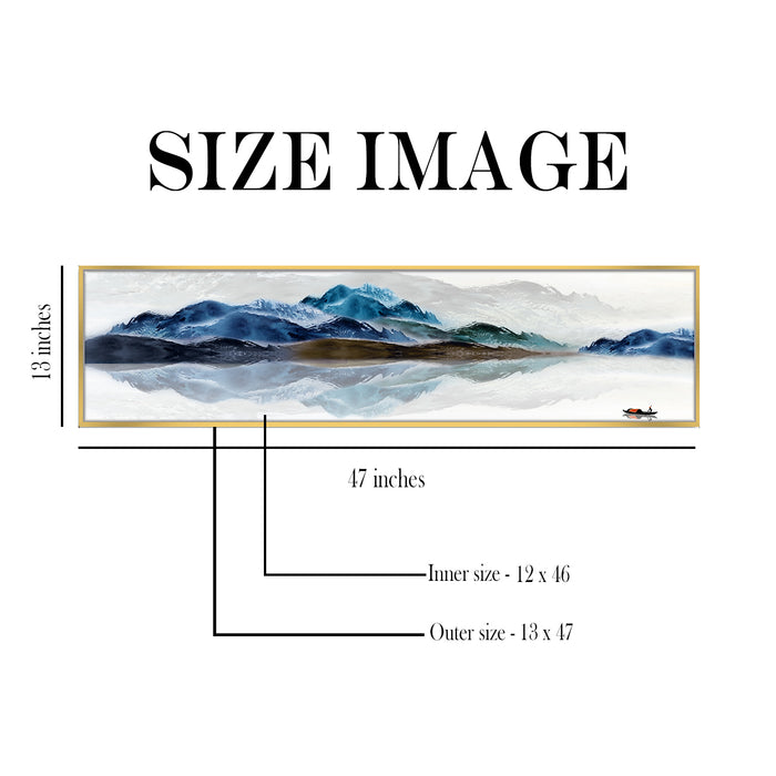 Scenic Blue Mountain & Lake Canvas Wall Art Print, Decorative Modern Framed Luxury Paintings for Home, Living room, Bed room and Office Décor (Blue, 13x47 Inch)