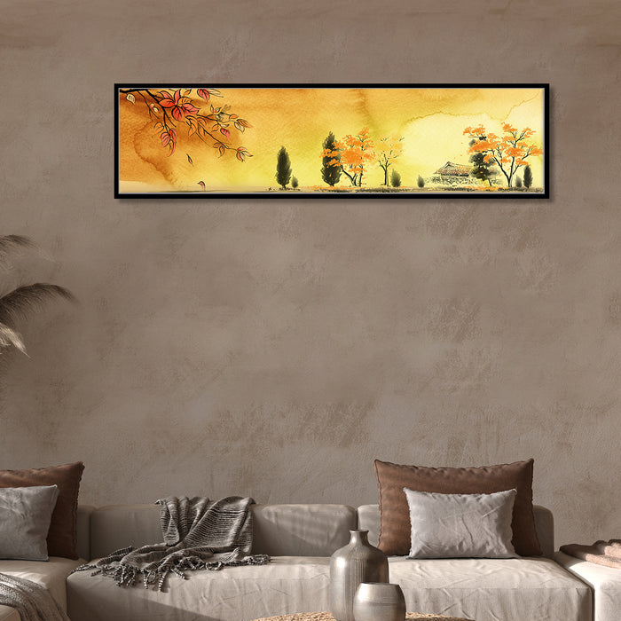 Landscape Water Color Hand Painted Canvas Wall Art Print, Decorative Modern Framed Luxury Paintings for Home, Living room, Bed room and Office Décor (Yellow, 13x47 Inch)