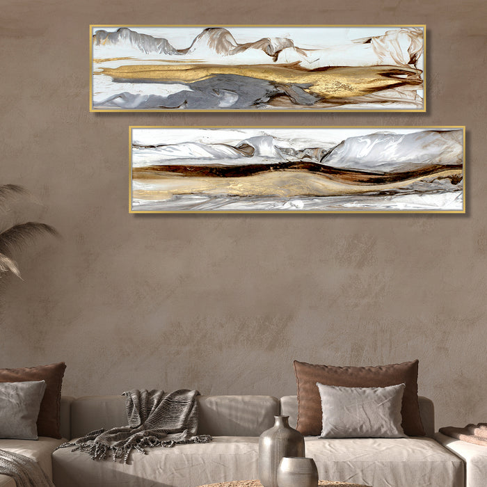 Golden and Ice Mountain Abstract Canvas Wall Art Print, Decorative Modern Framed Luxury Paintings for Home, Living room, Bed room and Office Décor  (White, Set of 2, 27x47 Inch)