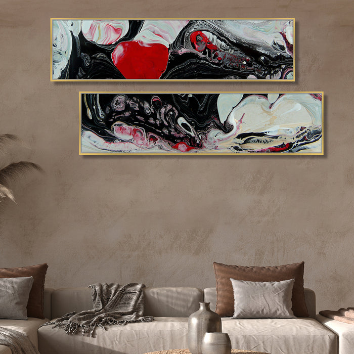 Red Black Color Abstract Canvas Wall Art Print, Decorative Modern Framed Luxury Paintings for Home, Living room, Bed room and Office Décor (White, Set of 2, 27x47 Inch)