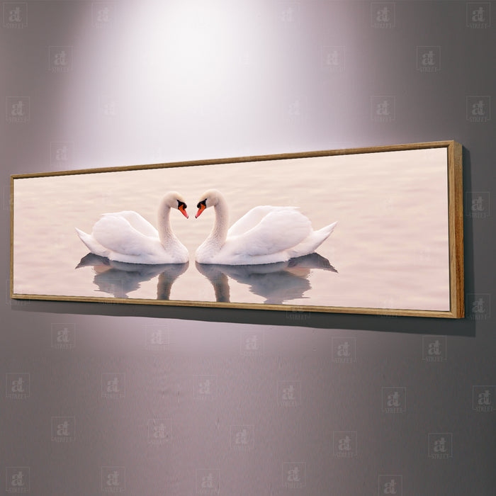 Two Swan Love in the Lake Canvas Painting Wall Art Print, Decorative Modern Framed Luxury Paintings for Home, Living room, Bed room and Office Décor (White, 13x47 Inch)