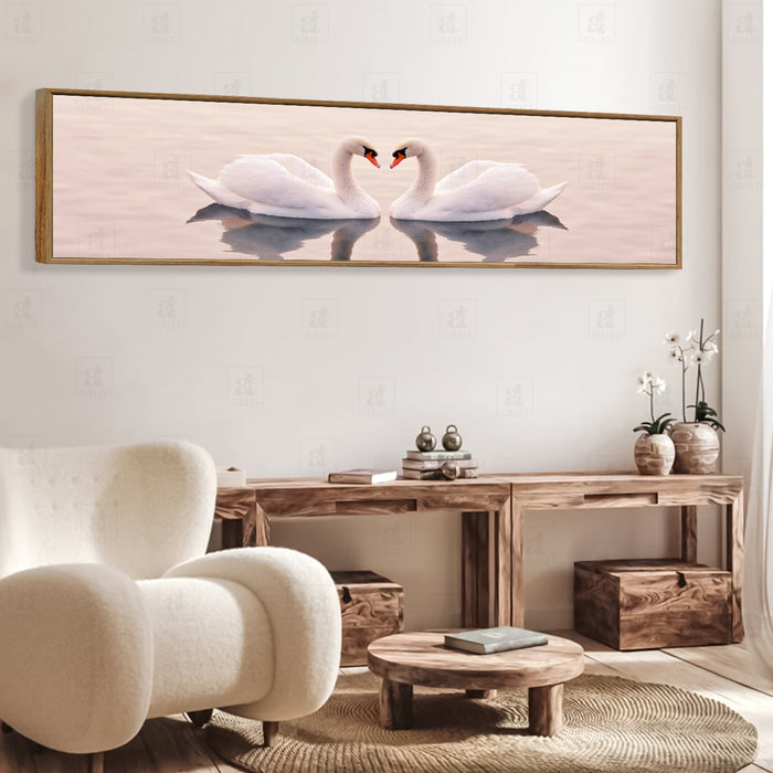 Two Swan Love in the Lake Canvas Painting Wall Art Print, Decorative Modern Framed Luxury Paintings for Home, Living room, Bed room and Office Décor (White, 13x47 Inch)