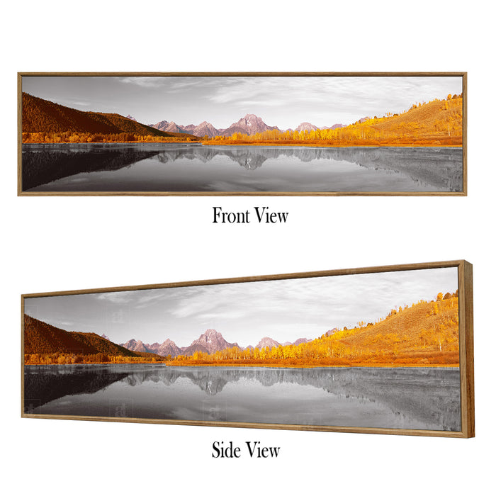Scenic Mountain Mirror View In The Lake Canvas Wall Art Print, Decorative Modern Framed Luxury Paintings for Home, Living room, Bed room and Office Décor (Golden, 13x47 Inch)