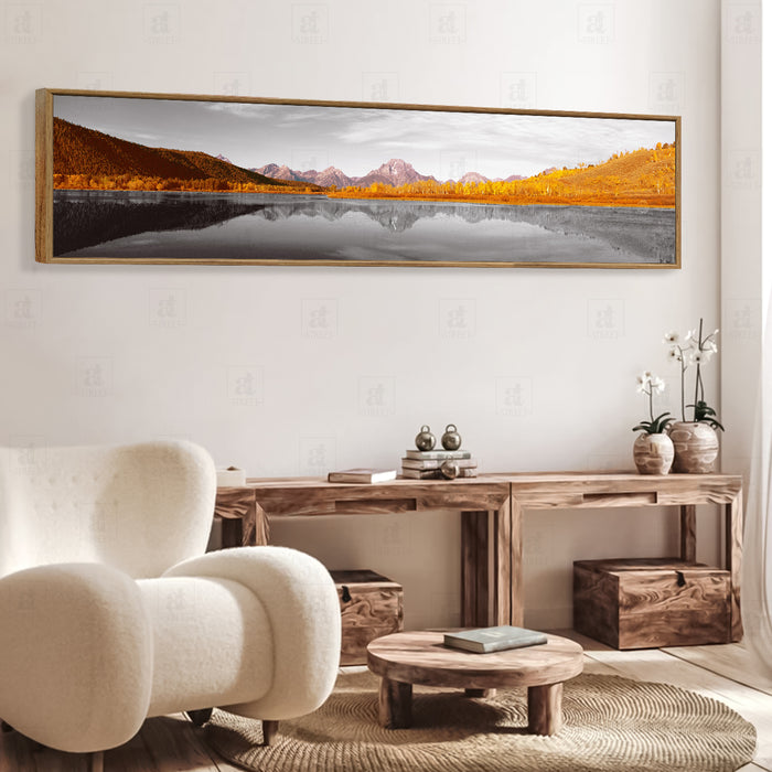 Scenic Mountain Mirror View In The Lake Canvas Wall Art Print, Decorative Modern Framed Luxury Paintings for Home, Living room, Bed room and Office Décor (Brown, 13x47 Inch)