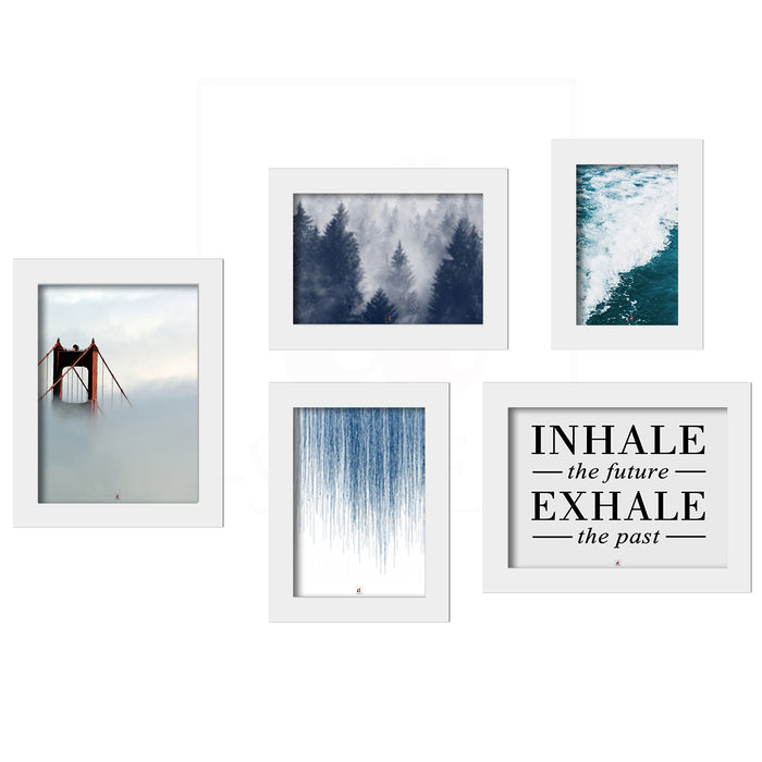 Set of 5 White Art Print with Frame for Home & Office Decor (24.6x16.2 Inch)