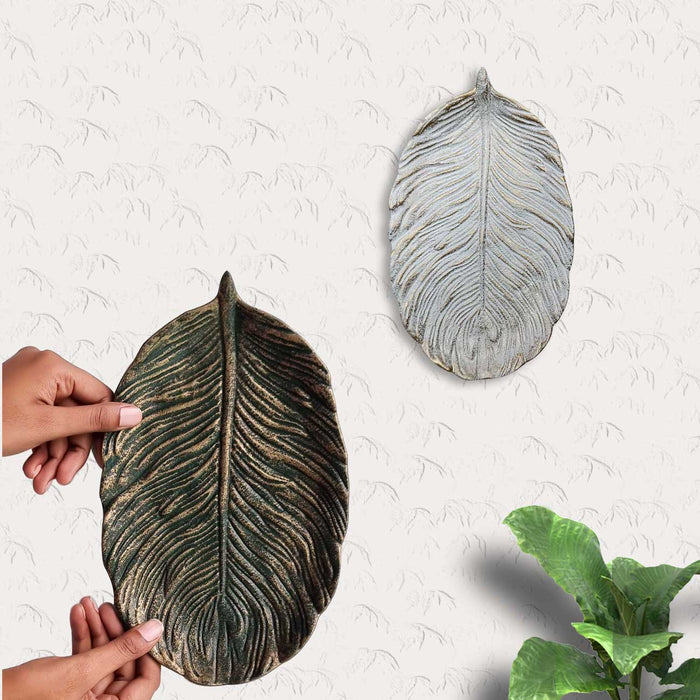 Carved Wooden Palm Leaves Decorative MDF Plate Wall Décor, Wall Hanging Carved Decal for Home Décor, Living Room & Bedroom (Set of 2, White, 11.5 x 7 Inches)