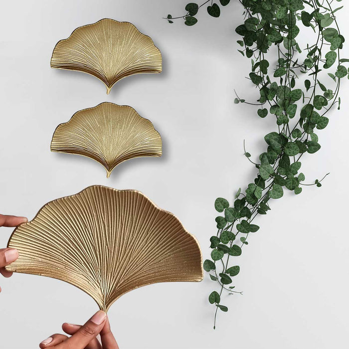 Carved Wooden Gingko Leaf Decorative MDF Plaque Wall Décor, Wall Hanging Carved Decal for Home Décor, Living Room & Bedroom (Golden, Set of 3, 6.2 x 9.2 Inches)