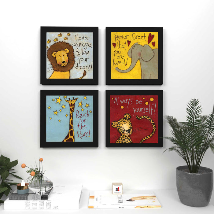 Cute Animal Cartoon Theme with Motivational Quotes Framed Printed Set of 4 Wall Art Print -8 X 8 Inchs