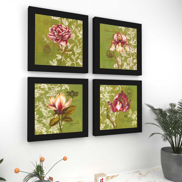 Flamboyant Flowers Set of 4 Black Framed Art Print Size - 9" x 9" Inch