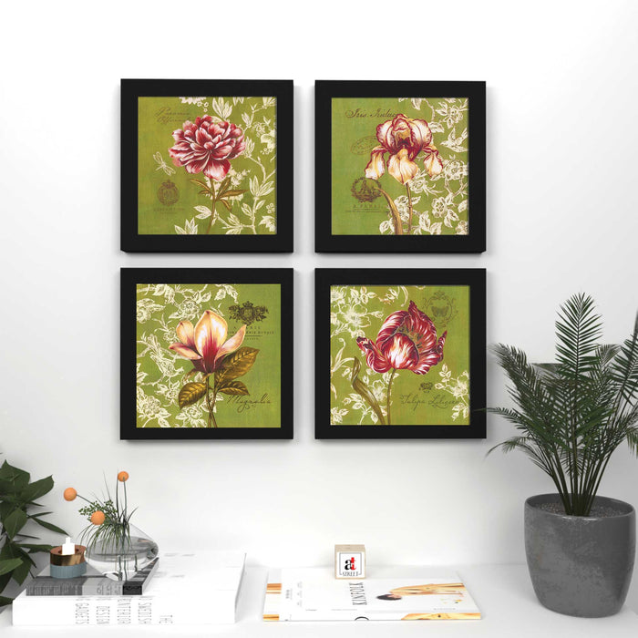 Flamboyant Flowers Set of 4 Black Framed Art Print Size - 9" x 9" Inch
